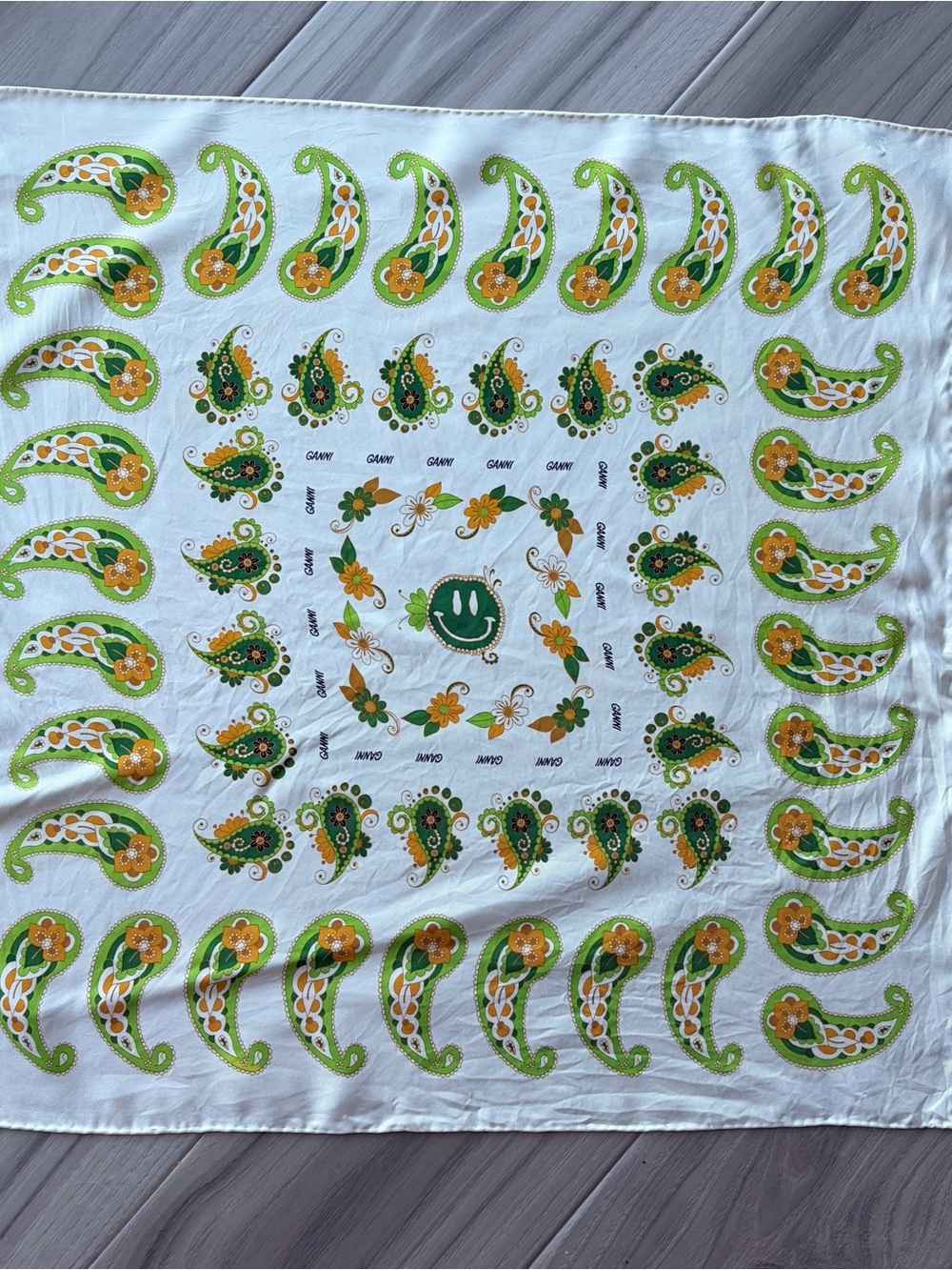 GANNI Green & Yellow Paisley Silk Bandana Scarf